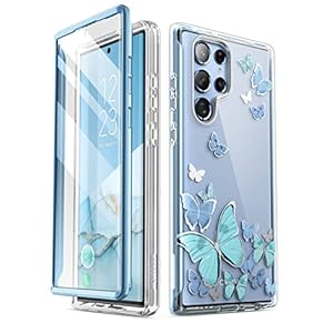 i-Blason Samsung Galaxy S22 Ultra 5G Case (2022) Case with Built in Screen Protector, Cosmo Series Glitter Pattern Slim Full Body Protection 360° Shockproof Blue Butterfly