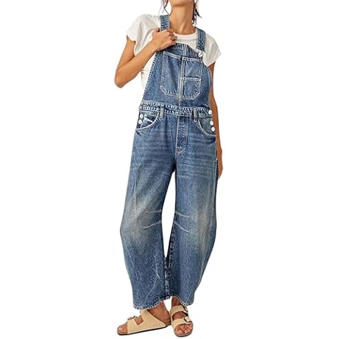 loveimgs Women Y2k Baggy Barrel Jeans Overalls Wide Leg Denim Pants Bib Overalls Jumpsuit Boyfriend Patchwork Jeans (X-Large,Dark blue) Cover