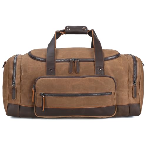 Polare 23" Travel Waxed Canvas Cowhide Leather Trim Duffel Bag 42L Waterproof Trim Luggage Weekender Overnight Vintage Carry on Hand Bag4