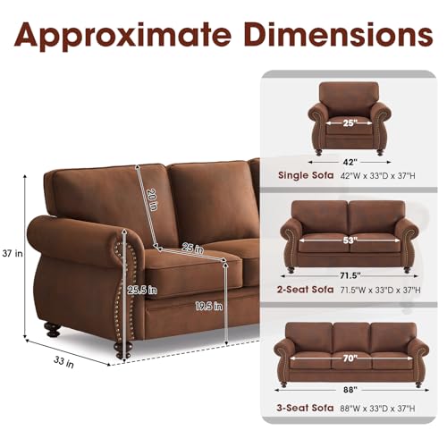 Image of Couchus Living Room Furniture Sets,Sofa Sets and Couch Sets for Living Room,Mid-Century Vintage Sofa Couches with Rivet Design (Caramel Rust, 2 Single+3 Seater)