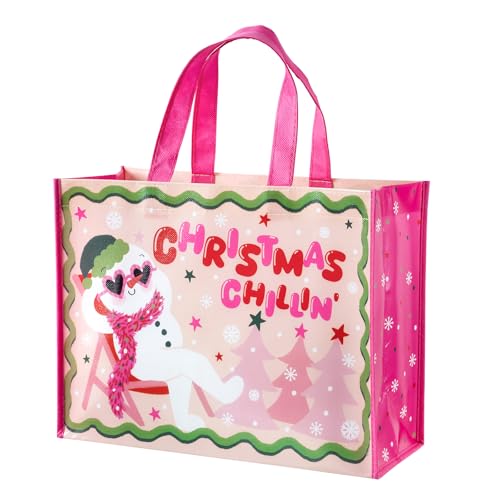 WRAPAHOLIC Large Snowman Christmas Reusable Gift Bag with Handles - 10 x 5 x 13 inch - Pink Christmas Chill Snowman Gift Bag Perfect for Holiday Party Favor Shopping