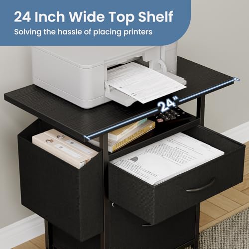 Image of Simple Deluxe 2 Drawer File Cabinet with 24 inch Extended Desktop, Mobile Filing Cabinet, Rolling File Cabinet with Side Bag, Fabric Drawer, Fits A4 /Letter Size, Printer Stand Home Office, Black
