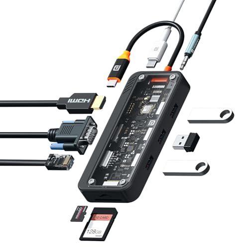 Image of Portronics MPort View Three 10-in-1 USB-C Docking Station, 100 W PD Charging, 4K HDMI, VGA, RJ45 Ethernet, SD /TF Card Slots, USB 3.0 /2.0 Ports, 3.5 mm Audio, for All Type C Devices, Windows /MacBook