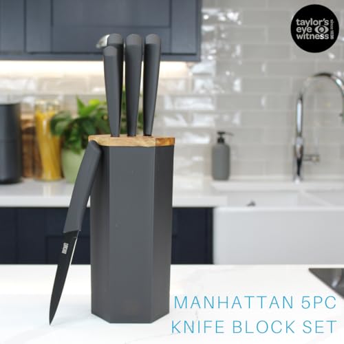 Taylors Eye Witness 5 Piece Knife Block Set – Razor Sharp Black Kitchen Knives with Stylish Hexagonal Block. Stainless Steel Precision, Scratch-Resistant Coated Blades with Soft Touch Handles - Image 4