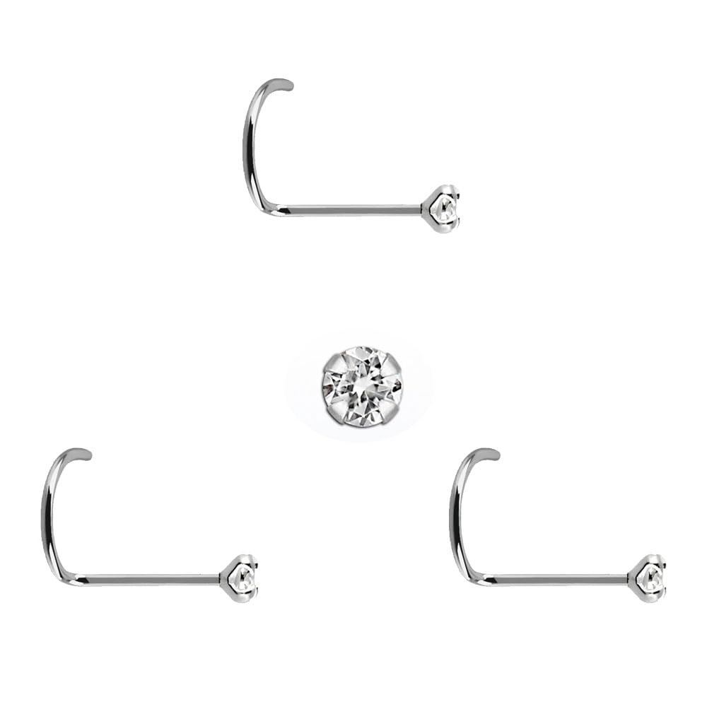 3 Pendientes Nariz de plata de ley con piedra muy pequeña de 1mm, zirconia cubica con brillo impresionante y palo curvado, grosor 0,6mm, largo 6,5mm, medida estandar.