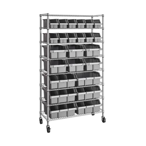 Image of 8-Tier NSF 24-Bin Steel Wire Shelving Rack, 36 inchW x 14.25 inchD x 63.5 inchH, Gray | 24 slide-out bins with tilt-lock design keep supplies organized and accessible