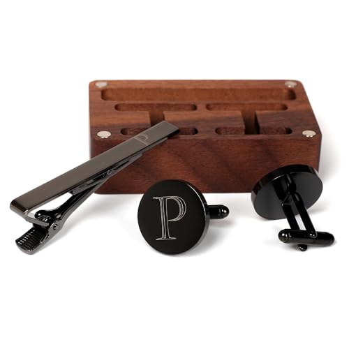 Image of Mens Initial Cufflinks and Tie Clip A-Z Alphabet Letter Black Stainless Cuff Links Tie Bar with Engraved Walnut Wood Box Groom Groomsman Wedding Set