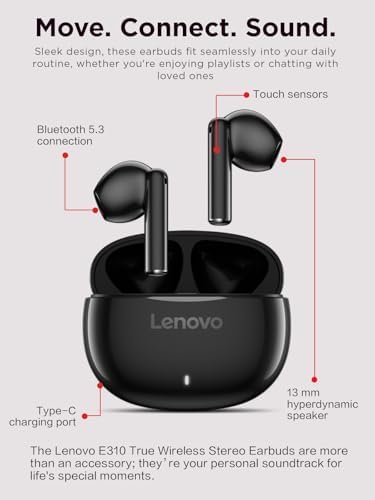 Lenovo E310 True Wireless Earbuds, Bluetooth 5.3 TWS Headphones with 13mm Drivers, AI Noise Reduction Mic, Up to 20H Battery with Case, USB-C Charging, IPX4 Water Resistant, Touch Control, Black image 2