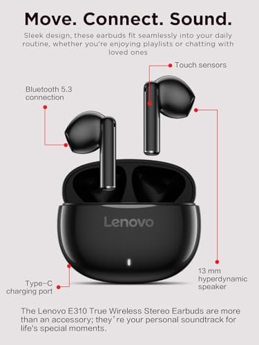 Image of Lenovo E310 True Wireless Stereo Earbuds Bluetooth 5.3 ENC Noise-Cancelling Ear Buds with 13mm Speaker Type-C Charging 20h Battery Life for Music Calls Comfortable Fit Wireless Earbuds - Black