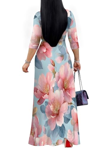 Image of SUZONANA Plus Size Dresses for Women Floral Print Maxi Dress Flowy 3 /4 Sleeve with Belt