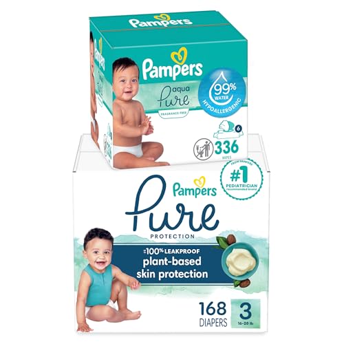 Image of Pampers Pure Protection Disposable Baby Diapers Size 3, 168 Count with Aqua Pure Baby Wipes, 6X Pop-Top Packs (336 Count)