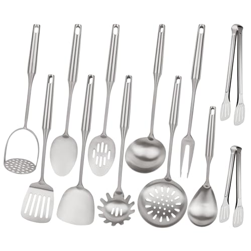 18/10 Stainless Steel Cooking Utensils Set,12pcs Metal Kitchen Utensils Set Dishwasher Safe, Heat Resistant Wok Tools Set for Cooking Enthusiasts