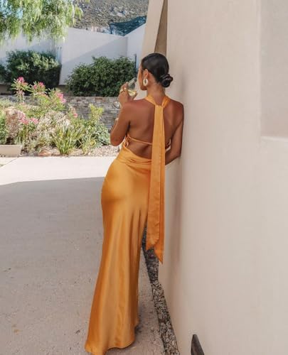 Cudiew Women's Satin Halter Bridesmaid Dresses for Wedding Guest Open Backless Formal Evening Long Silk Gowns3