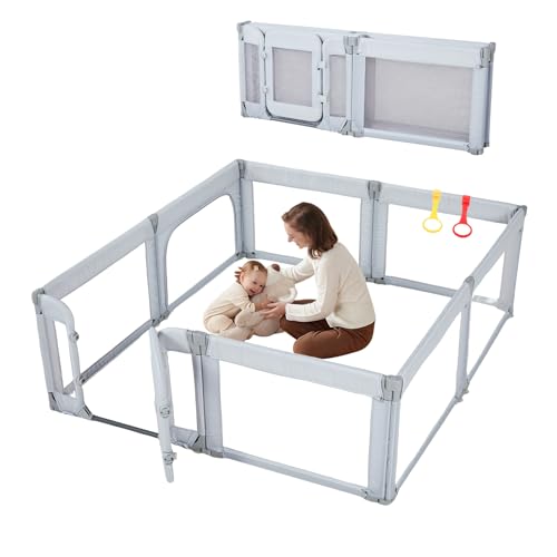 Image of Large Baby Playpen for Babies and Toddlers 79x71 Inch, Adjustable Foldable Indoor & Outdoor Play Pen for Toddlers Twins Baby Fence Play Yards with Breathable Mesh Anti-Fall Playpen,Grey