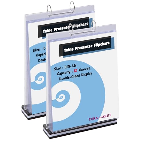 TUKA-i-AKUT 2pcs Expositor de Mesa Flipchart A5 Vertical Presenter con base, acrílico T Expositor Flip Chart, Menú Titular Cartel Soporte con 12 Fundas Transparentes de Doble Cara, TKD8211-A5-2x