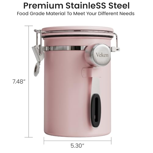 Image of Veken Coffee Canister with Window, Airtight Stainless Steel Container, 22OZ | Date Tracker,Kitchen Food Storage Organizers for Beans, Ground, Espresso, Rice,Tea, Sugar,Cereal, Gifts,Lids,Jars,Scoop, Pink