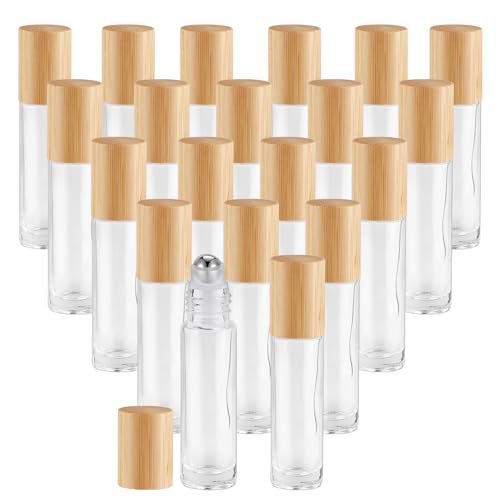 20 Pcs 10ml/0.34oz Roll On Bottles Clear Glass Essential Oil Roller Bottle Refillable Perfume Sample Bottles with Bamboo Lids & Stainless Steel Roller Ball -1 X Opener & 2 X Pipettes