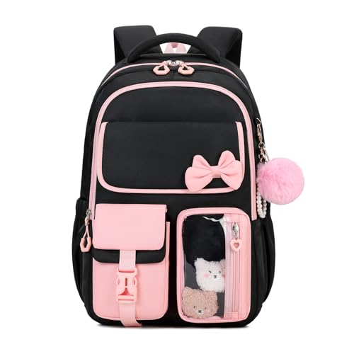 ASKSKY Girls Backpack School Backpack for Girls Cute Bow Kids Bookbag for Grils Children Teens for Elementary Middle High School Student Back To School Black Pink