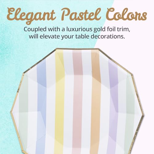 Image of Party Paper Plates, 50-Pack 9-Inch Bulk Disposable Decorative Paper Plates with Gold Decagon Trim, Pastel Colors for Tea Party, Easter, Garden Party, and Bridal Showers, Pastel Rainbow Stripes