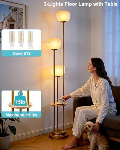 Image of Lightdot Gold Dimmable Floor Lamp with Table, Mid Century Modern Floor Lamps with Pumpkin Lampshade & Bulbs, 3-Light Tall Standing Lamp for Living Room /Bedroom /Sofa Beside /Corner Decor