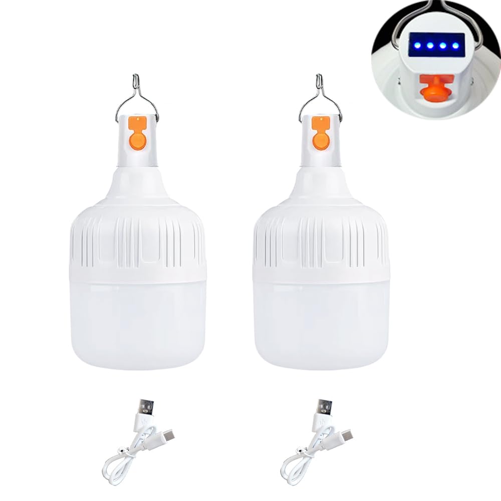 Lot de 2 lampes solaires LED pour tente de camping, 4 000 mAh, 3 modes, rechargeable par USB, lumière portable à suspendre, pour la pêche, les urgences, la cour, le jardin, 4 affichages de puissance