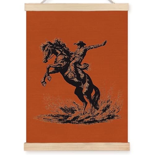 Image of PQKIY Burnt Orange Vintage Western Cowboy Wall Art Poster Hanger Frame 12x16 in, Western Cowboy Equestrian Rodeo Horse Wall Decor Canvas Prints for Home Room Office Men Cave