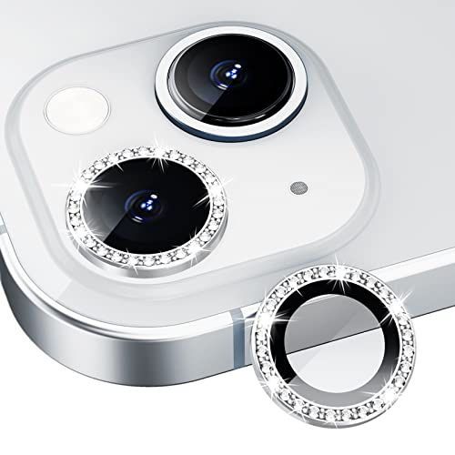 Xfilm Bling Diamond Individual Camera Lens Protector for iPhone 13 / iPhone 13 Mini HD Clear Tempered Glass Camera Lens Screen Protection Cover Case Friendly Scratch Proof (Silver)