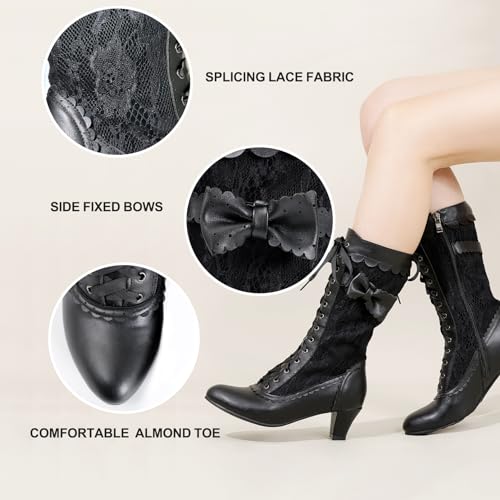 Women Vintage Victorian Boots Lace Bridal Brides Wedding Boots Mid Calf Zipper Costume Renaissance Mid Heel Dress Boots3