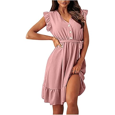 StarneA Sommerkleid Damen Knielang, Sexy Ärmelloses Rüschen Kleid Elegante Strandkleider Lässiges Cocktailkleid Damen Sommer Ballkleider Einfarbige Urlaub Kleider Cover