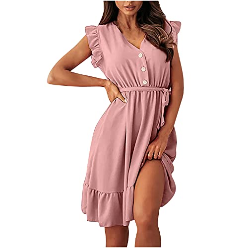 Peigen Women's Dresses, Summer Short Sleeveless Dress Casual V Neck Dress with Belts Beach Dresses with Buttoned Decoration