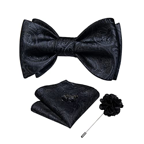 Image of DiBanGu Paisley Bow Ties for Men Silk Self Tied Bowtie and Pocket Square Cufflinks with Lapel Pin for Wedding Party