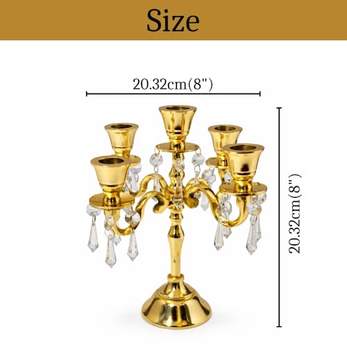 Image of Premium 8Inch Golden Aluminum 5-Arm Candle Stand with Crystal Hangings | Luxury Centerpiece for Home Decor, Weddings, Festive Decoration & Dining Table
