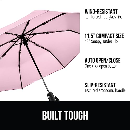 Image of GORILLA GRIP Compact Travel Size Umbrella for Rain, Sleek Design Fits Backpack, Purse and Carry On, Lightweight Under 1lb, One Click Open and Close, Wind Resistant, Durable Waterproof Quick Dry, Pink