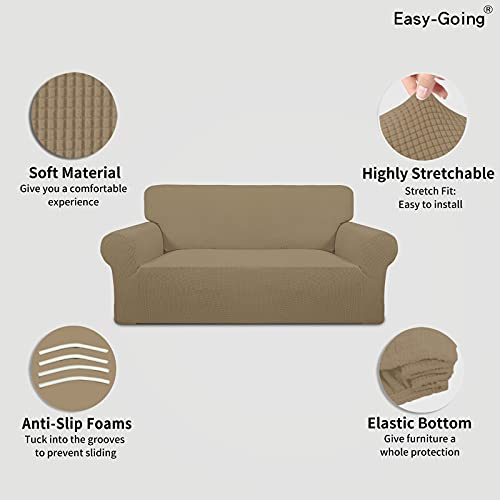 Image of Easy-Going Stretch Oversized Loveseat Slipcover 1-Piece Sofa Cover Furniture Protector Couch Soft with Elastic Bottom for Kids Polyester Spandex Jacquard Fabric Small Checks Tan