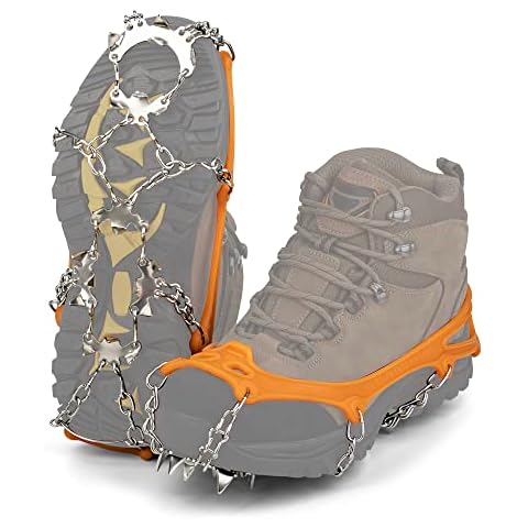 Ice Cleats Lightweight 19 Stainless Steel Silica Gel Anti Slip Spikes Crampon for Men and Women Mountaineering or Walking on Snow and Ice M Orange(1 Pair) Cover
