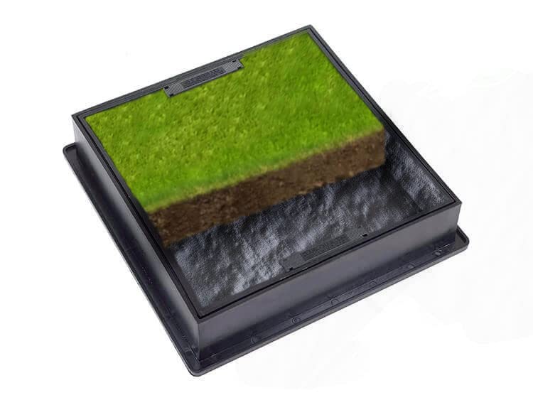 EcoGrid Grass Top Recessed Drain Cover | Square-To-Round Manhole Cover | Black Polypropylene Frame & Cover with Integrated Manhole Keys | CD 300SR-GT (220mm to 300mm x 80mm)