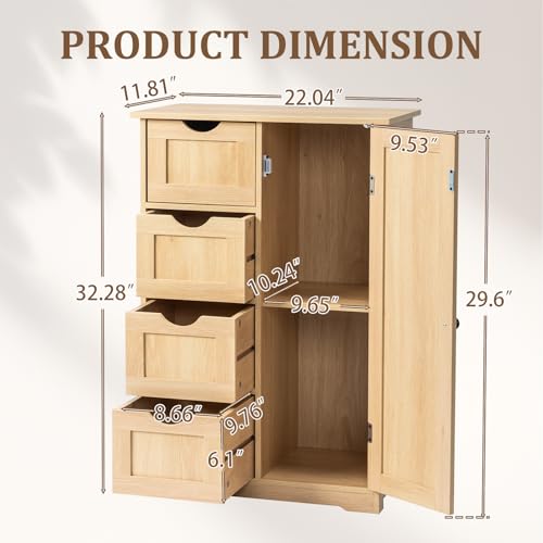 Image of Vasitelan Bathroom Wooden Floor Cabinet, Side Storage Organizer with 4 Drawers and 1 Cupboard, Freestanding Entryway Storage Unit Console Table,22 inch W x 11.8 inch D x 31.5 inch H (Wood Color1)
