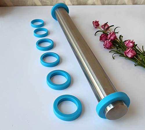 Rolling Pin Dough Roller With Thickness Rings, Pastry Chapati Roti Rolling Board Mat Roller Board, Non Stick Stainless Steel Pizza Rolling Pin For Baking 16" #TOP1