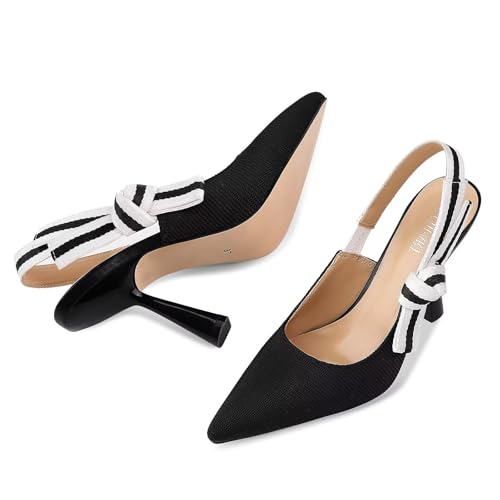 Image of HOCHFART Women's Slingback Kitten Heels Closed Pointed Toe Slip On Pumps | Bowknot, Elastic Slingback Strap, Office, Wedding, Bridal, Formal, Events, Church, Gathering, Casual Outing