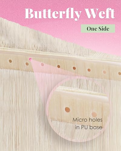 Image of YoungSee Butterfly Weft Hair Extensions Platinum Blonde, 80g Human Hair Butterfly Weft Extensions, Blonde Hair Wefts Extensions with Micro Bead, 16 Inch Short Remy Hair