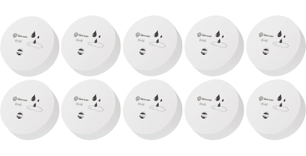 Geevon Water Leak Detector, 100dB Water Sensor Alarm Flood Detector for Basements, Bathrooms, Laundry Rooms, Kitchens, Garages, and Attics,Battery-Operated (Battery Included) (White 10 Packs)