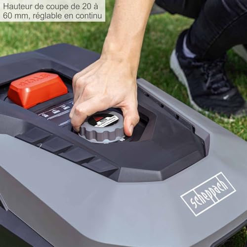 Scheppach RoboCut XXL900 | Largeur de Coupe 18cm | Hauteur de Coupe 20-60 mm | Détecteur de Pluie | WiFi & BT | Contrôle par App | Pente de 35% | avec Station, 9 Lames, 170m de câble & 230 Crochets - 10