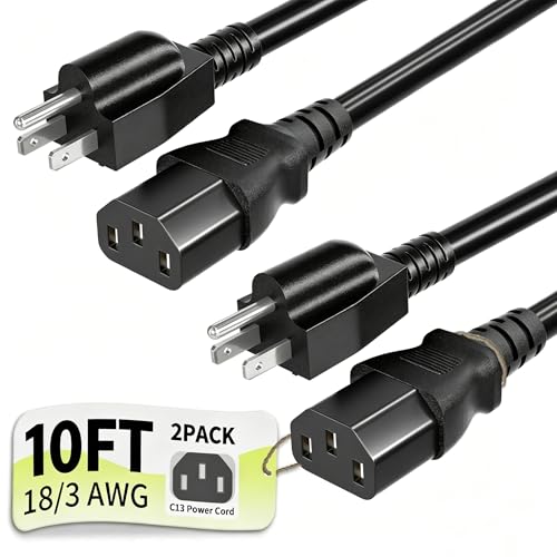 Image of 3 Prong AC Power Cord Cable 10ft 2 Pack 10 Amps 125 Volts 18AWG, NEMA 5-15P to C13, Black PC Power Cable for TV, Computer, Monitor, Printer, PlayStation, HP, Dell, Lenovo, Apple, Asus-ETL Listed