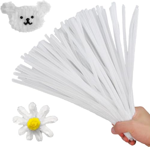 Image of 100Pc Pipe Cleaners Craft Set | Chenille Stem Fuzzy Sticks DIY Craft Supplies for Art Projects Activities, Decorations, Flower Making, Modeling & Sculpting (White)