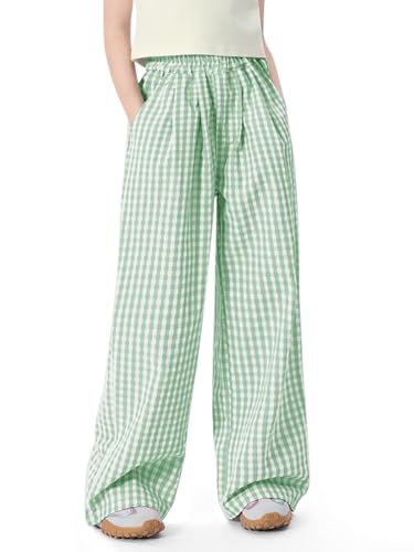 Girls Gingham Pants Kids Casual Elastic High Waist Plaid Trousers with Pockets 5-14 Years Light Green