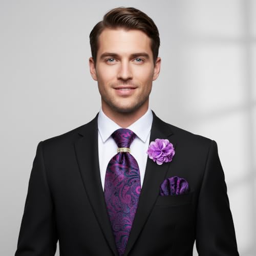 Image of 5PCS Mens Silk Designer Tie, Pocket Square, Cufflinks, Drilled Tie Ring and Lapel Pin Set for Wedding Groom Party