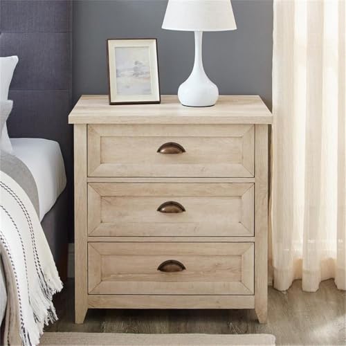 Walker Edison Hazel 2-Piece Modern Farmhouse 3 Drawer Framed Nightstand with Half-Moon Handles, Set of 2, White Oak
