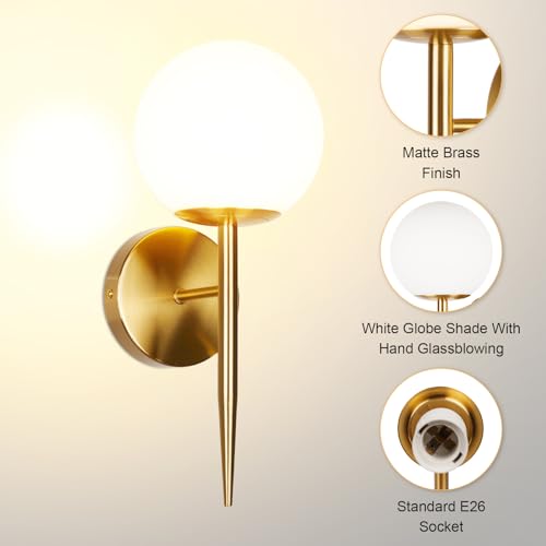Image of Modern Gold Globe Wall Sconce Decor Set of 2, Industrial Mid Century Bathroom Vanity Wall Light with White Globe Glass Shade Brushed Brass Wall Lamp for Restaurant Living Room Bedside Stairs
