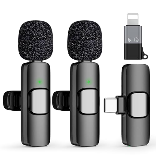 2 Pack Type C Mini Wireless Lavalier Microphone for iPhone 15, iOS and Android Devices – Noise Reduction Lapel Mic for Recording, Clip on Mic, Omni Lav Mic for Video Recording, Tiktok, Youtube, Vlog