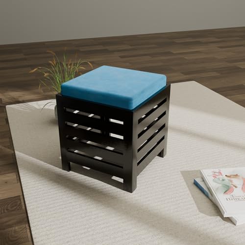 Image of ETIQUETTE ART Cushion Wooden Stool| Foot Stool |Fruit Stool| Square Table| Office Stool| Bedside Table | Cushion Stool | Stool for Kitchen Wooden Stool Cotton Cover (Black & Aqua)